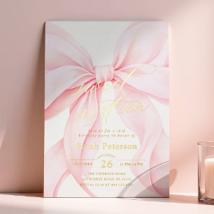 Roze lint zoete zestiende verjaardag folie uitnodi uitnodiging