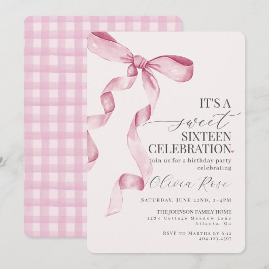 Roze lint zoete zestiende verjaardagsfeest uitnodi (Voorkant / Achterkant)
