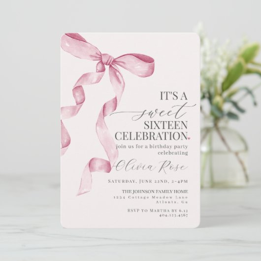 Roze lint zoete zestiende verjaardagsfeest uitnodi (Staand voorkant)