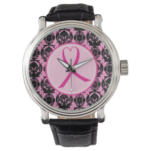Roze Lint Zwart Damast Borstkanker Awareness Horloge