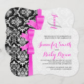 Roze lint zwart en wit damast bruiloft kaart (Voorkant / Achterkant)