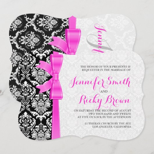 Roze lint zwart en wit damast bruiloft kaart (Voorkant / Achterkant)