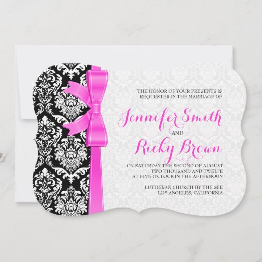 Roze lint zwart en wit damast bruiloft kaart (Voorkant)