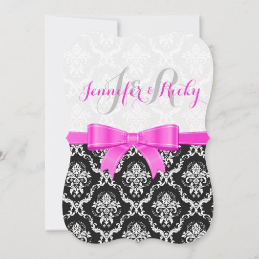 Roze lint zwart en wit damast bruiloft kaart (Achterkant)