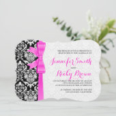 Roze lint zwart en wit damast bruiloft kaart (Staand voorkant)