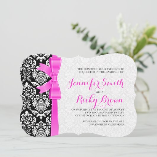 Roze lint zwart en wit damast bruiloft kaart (Staand voorkant)