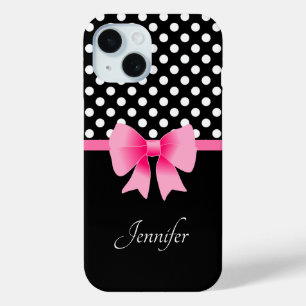 Roze lint zwart & witte polka stippen naam iPhone 15 case