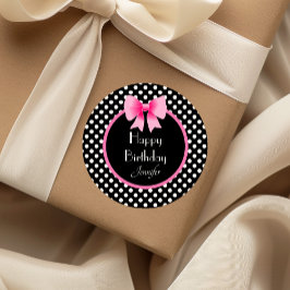 Roze lint Zwart & Witte Stippen Verjaardag Ronde Sticker