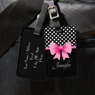 Roze lint Zwarte en witte polka stippen Bagagelabel