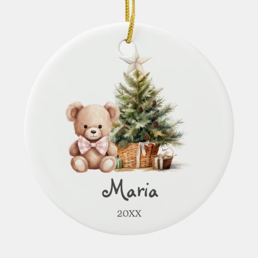Roze lintbeer bomen Baby's eerste kerst Keramisch Ornament (Voorkant)