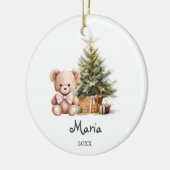 Roze lintbeer bomen Baby's eerste kerst Keramisch Ornament (Links)