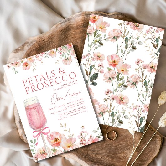 Roze lintbloemblaadjes & Prosecco Blush Bruidscade Kaart