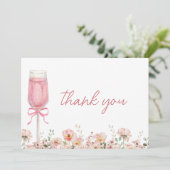 Roze lintbloemblaadjes & Prosecco Blush Bruidsdine Bedankkaart (Staand voorkant)