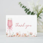 Roze lintbloemblaadjes & Prosecco Blush Bruidsmeis Bedankkaart (Staand voorkant)