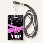 Roze lintbon Bow Sweet 16 Party VIP Pass Badge (Achterkant met draagriem)