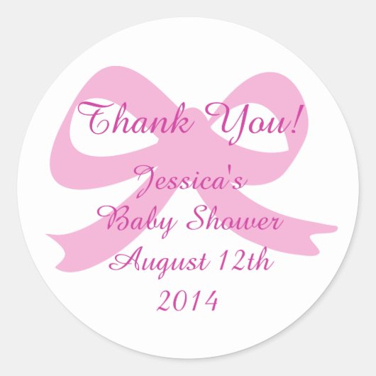 Roze lintboog dank u stickers voor baby shower (Voorkant)