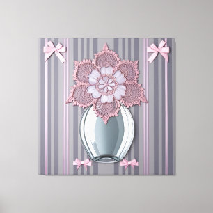 Roze lintboog en kanten bloemenvase canvas afdruk