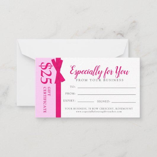 Roze lintboog relatiegeschenk $25 cadeaubon notitiekaartje (Voorkant)