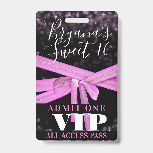 Roze lintboog Sweet 16-feest VIP-pas Badge (Voorzijde)