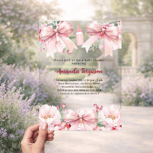 Roze linten bloemenmeisje fles helder Baby Shower Acryl Uitnodigingen
