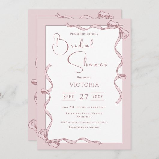 Roze linten bruids douche uitnodiging (Voorkant / Achterkant)