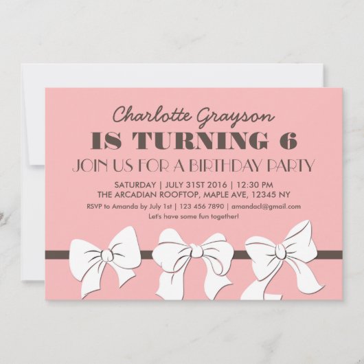 Roze linten en Bows Birthday Party Invitation Kaart (Voorkant)