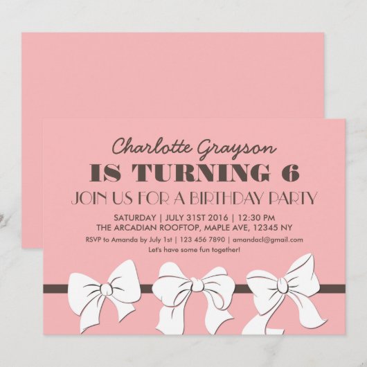 Roze linten en Bows Birthday Party Invitation Kaart (Voorkant / Achterkant)