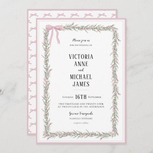 Roze linten & groen Vintage bruiloft Kaart (Voorkant / Achterkant)