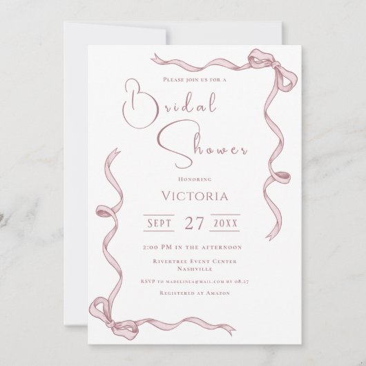 Roze linten minimalistische bruids douche uitnodig kaart (Voorkant)