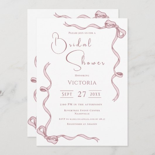 Roze linten minimalistische bruids douche uitnodig kaart (Voorkant / Achterkant)