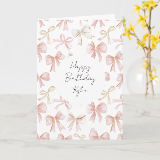 Roze Linten Verjaardag Kaart (Gele Bloem)