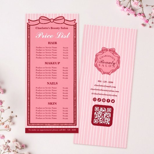 Roze lintframe gestreepte salon prijstlijst kaart