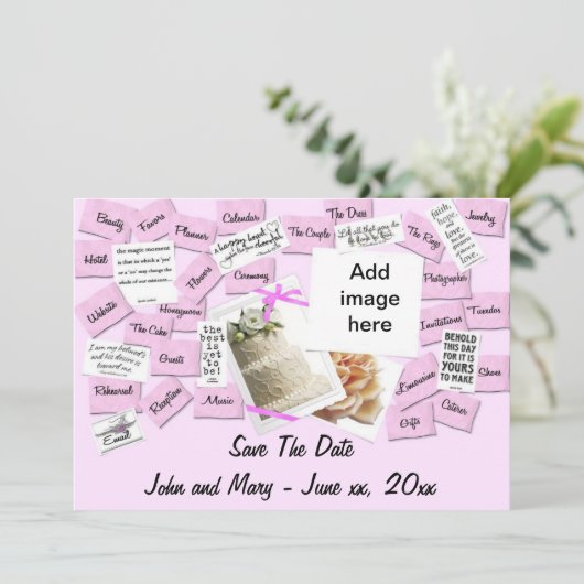 Roze lintje, bruiloft en taart sparen de datum save the date (Staand voorkant)