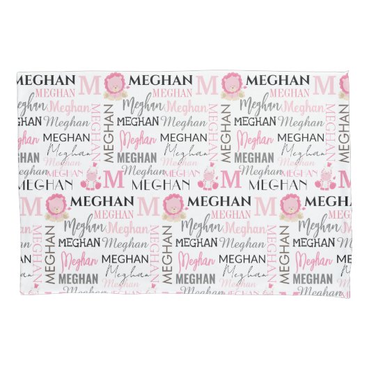 Roze lion en Zebra met naam en monogram patroon Kussensloop (Voorkant)