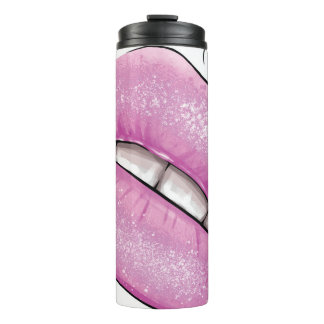 Roze lip kleurenverlies met tanden thermosbeker