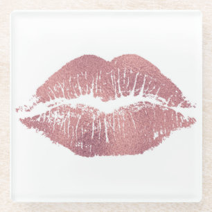  roze lip opdruk, roos goud. glazen onderzetter