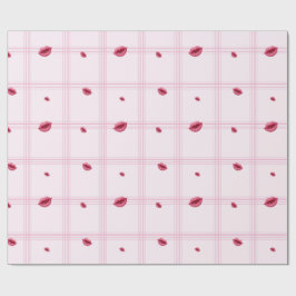 Roze lipafdrukken op een kariert patroon. Valentij Cadeaupapier