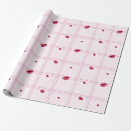 Roze lipafdrukken op een kariert patroon. Valentij Cadeaupapier
