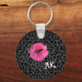 Roze Lipgloss Kus Zwart Luipaard Met Monogram Sleutelhanger (Voorkant)