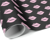 Roze Lippen eenvoudig op zwart feest Cadeaupapier (Rol Hoek)