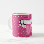 Roze lippen en tong polka dot tweekleurige koffiemok (Voorkant links)