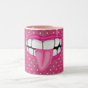 Roze lippen en tong polka dot tweekleurige koffiemok