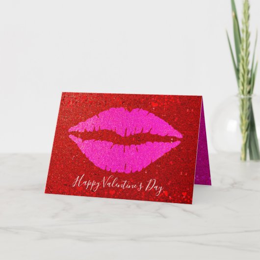 Roze Lippen Gelukkig Valentijnsdag Rood Glitter St Feestdagen Kaart (Voorkant)
