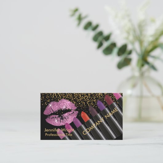  roze lippen & lippenstift visitekaartje (Staand voorkant)