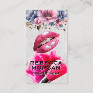 Roze lippen   Make-up borstel en poeder Visitekaartje