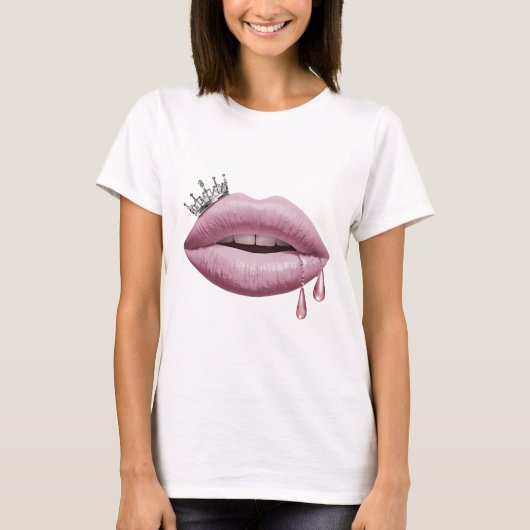 Roze lippen met kroon t-shirt (Voorkant)