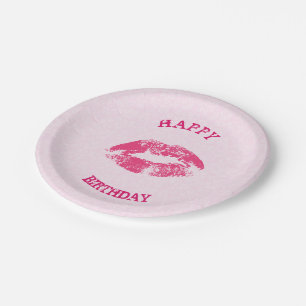 Roze lippen op roze damast- Happy Birthday Papieren Bordje