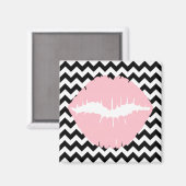 Roze lippen op zwart-wit zigzagpatroon magneet (Voorkant / Achterkant)