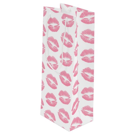 Roze lippen, patroon van lippen, roze lippenstift, wijn cadeautas (Achterkant Gekanteld)