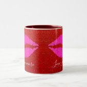Roze Lippen Rode Glitter Liefde U Meer Script Spar Tweekleurige Koffiemok (Center)